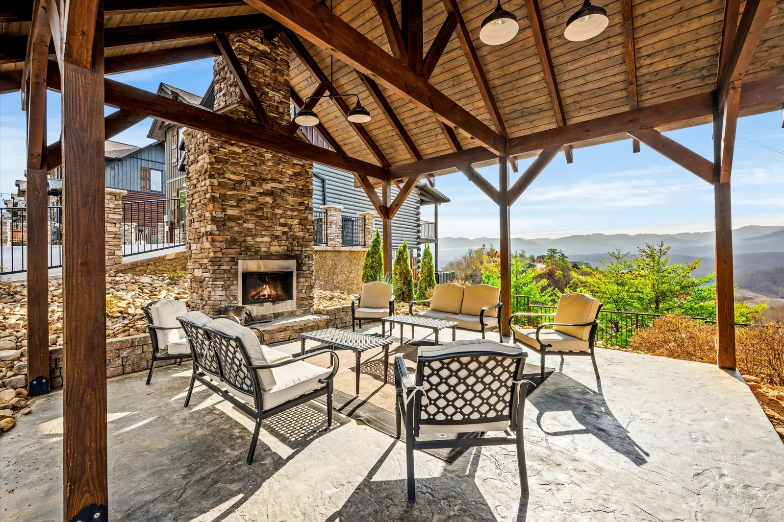 outdoor firepit at cabin with a view